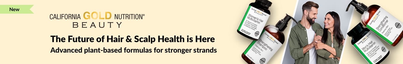 California Gold Nutrition Beauty hair care line with vitamins, shampoo, and conditioner promoting scalp and strand health.