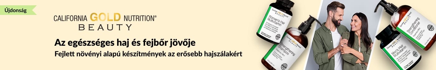California Gold Nutrition Beauty hajápoló termékcsalád vitaminokkal, samponnal és kondicionálóval, amelyek támogatják a fejbőr és a hajszálak egészségét.