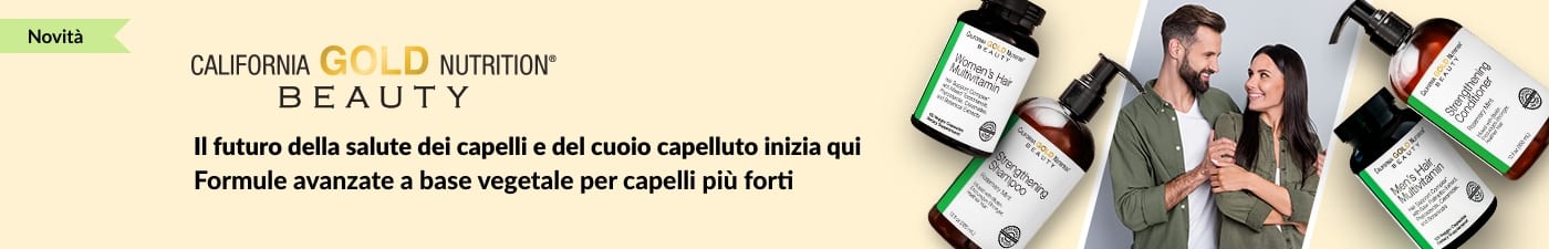 California Gold Nutrition Linea di bellezza per capelli con vitamine, shampoo e balsamo che promuovono la salute del cuoio capelluto e dei capelli.