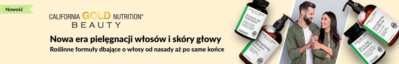 Linia do pielęgnacji włosów California Gold Nutrition Beauty z witaminami, szamponem i odżywką wspierająca zdrowie skóry głowy i włosów.