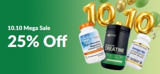 10.10 Mega Sale banner: 25% off. Features gold 10.10 balloons behind 3 top-selling products.