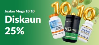 Sepanduk Jualan Mega 10.10: Diskaun 25%. Menampilkan belon emas 10.10 di belakang 3 produk terlaris.