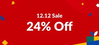 iHerb 12.12 Sale banner offering 24% off with promo code 12BUY25 on a festive red background with gift and confetti graphics.