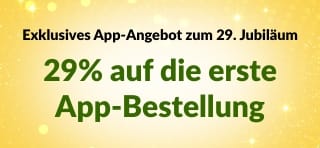 Banner zur 29. Jubiläumsaktion von iHerb mit -29% auf die erste Bestellung über die App mit Code 29NEWAPP und QR-Code