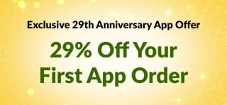 iHerb 29th Anniversary app banner offering 29% off first in-app order with code 29NEWAPP, featuring QR code.