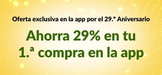 Banner del 29.º Aniversario de iHerb: Ahorra 29% en tu 1.ª compra en la app. Código 29NEWAPP. Incluye código QR en pantalla.