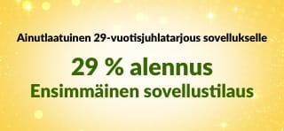 iHerbin 29-vuotisjuhlan sovellusbanneri, jossa on QR-koodi ja joka tarjoaa 29 %:n alennuksen ensimmäisestä sovellustilauksesta koodilla 29NEWAPP.