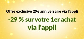 Bannière de l'application iHerb pour son 29e anniversaire offrant 29 % de réduction sur la première commande passée dans l'application avec le code 29NEWAPP, avec QR code .