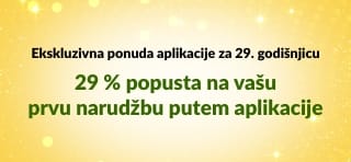 iHerb banner za 29. rođendan u aplikaciji koji nudi 29 % popusta na prvu narudžbu putem aplikacije uz kod 29NEWAPP, s QR kodom.
