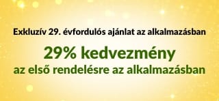 Az iHerb 29. évfordulós bannere 29% kedvezményt kínál az első alkalmazáson belüli rendelésre a 29NEWAPP kóddal, QR-kóddal.