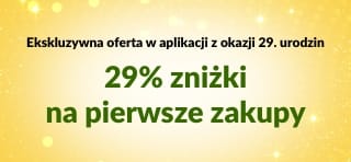 Baner aplikacji z okazji 29. urodzin iHerb – 29% zniżki na pierwsze zamówienie w aplikacji z kodem 29NEWAPP, z umieszczonym kodem QR.