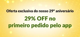 Banner do aplicativo de 29º aniversário da iHerb oferecendo 29% de desconto no primeiro pedido via app com o cupom 29NEWAPP e código QR.