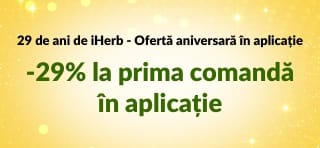 Banner pentru a 29-a aniversare cu -29% la prima comandă în aplicația iHerb cu codul 29NEWAPP și un cod QR pe ​​telefon.