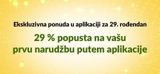 iHerb banner za 29. rođendan u aplikaciji koji nudi 29 % popusta na prvu narudžbu putem aplikacije uz kod 29NEWAPP, s QR kodom.