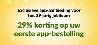 iHerb app-banner ter ere van het 29-jarig jubileum met 29% korting op de eerste bestelling in de app met de code 29NEWAPP, met QR-code.