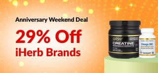 iHerb 29th Anniversary banner offering 29% off iHerb brands with code 29IHERB2, featuring probiotics, shampoo, and vitamins.