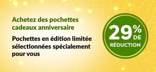 Bannière du 29e anniversaire d'iHerb présentant des pochettes cadeaux en édition limitée contenant des produits de bien-être, de beauté et des produits d'épicerie essentiels à 29 % de réduction.