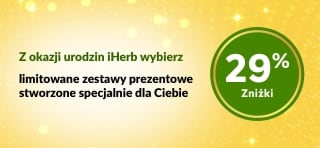Baner z okazji 29. urodzin iHerb prezentujący limitowane zestawy upominkowe z produktami dla zdrowia, urody i domu w cenie niższej o 29%.