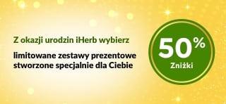 Baner z okazji 29. urodzin iHerb prezentujący limitowane zestawy upominkowe z produktami dla zdrowia, urody i domu w cenie niższej o 50%.