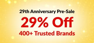 iHerb 29th Anniversary pre-sale banner offering 29% off 400+ trusted brands with code 29ANNIV, featuring brand logos.