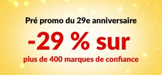 Bannière de pré promo pour le 29e anniversaire d'iHerb offrant 29 % de réduction sur plus de 400 marques de confiance avec le code 29ANNIV, avec les logos des marques.