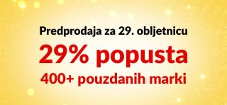 iHerb baner za pretprodaju povodom 29. obljetnice koji nudi 29% popusta na više od 400 pouzdanih marki s kodom 29ANNIV, s logotipima marki.