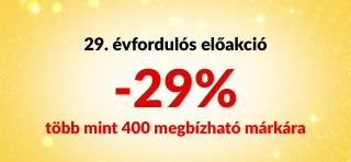 Előakciót hirdető bannet a iHerb 29. évfordulója alkalmából: 29% kedvezmény több mint 400 megbízható márka termékeire a 29ANNIV kóddal, a márkák logóival.