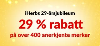 Forhåndssalgsbanner for iHerbs 29-årsjubileum med 29 % rabatt på over 400 anerkjente merker med koden 29ANNIV, med merkelogoer.