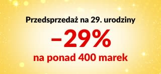 Baner przedsprzedażowy z okazji 29. urodzin iHerb – 29% zniżki na ponad 400 zaufanych marek z kodem 29ANNIV, z widocznymi logo marek.