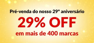 Banner de pré-venda do 29º aniversário da iHerb oferecendo 29% de desconto em mais de 400 marcas ​​com o código 29ANNIV, com logotipos de marcas.