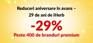 Banner pre-sale iHerb pentru a 29-a aniversare, cu -29% la peste 400 de branduri premium cu codul 29ANNIV și logouri.