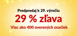 Predpredajový banner iHerb k 29. výročiu ponúkajúci 29 % zľavu na viac ako 400 overených značiek s kódom 29ANNIV a s logami značiek.