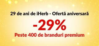 Banner cu aniversarea iHerb de 29 de ani, cu -29% la peste 400 de branduri cu codul 29ANNIV, cu logo-urile mărcilor.