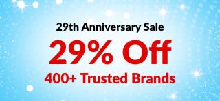 iHerb 29th Anniversary sale banner offering 29% off 400+ trusted brands with code 29ANNIV, featuring brand logos.