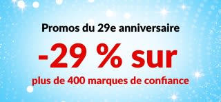 Bannière promotionnelle pour le 29e anniversaire d'iHerb offrant 29 % de réduction sur plus de 400 marques de confiance avec le code 29ANNIV, avec les logos des marques.