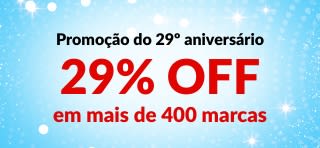 Banner de promoção do 29º aniversário da iHerb oferecendo 29% de desconto em mais de 400 marcas confiáveis ​​com o código 29ANNIV, com logotipos de marcas.