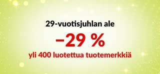 iHerbin 29-vuotisjuhlan alennusbanneri: 29 % alennusta yli 400 luotetusta brändistä koodilla 29ANNIV, kuvassa brändien logot.