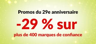 Bannière promotionnelle pour le 29e anniversaire d'iHerb offrant 29 % de réduction sur plus de 400 marques de confiance avec le code 29ANNIV, avec les logos des marques.