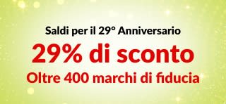 Banner promozionale per il 29° Anniversario di iHerb che offre uno sconto del 29% su oltre 400 marchi di fiducia con il codice 29ANNIV, con i nomi dei marchi.