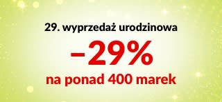 Baner z okazji 29. urodzin iHerb – 29% zniżki na ponad 400 zaufanych marek z kodem 29ANNIV. Prezentacja logotypów popularnych marek objętych promocją.