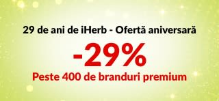 Banner cu aniversarea iHerb de 29 de ani, cu -29% la peste 400 de branduri cu codul 29ANNIV, cu logo-urile mărcilor.