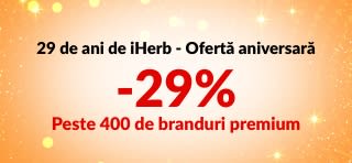 Banner cu aniversarea iHerb de 29 de ani, cu -29% la peste 400 de branduri cu codul 29ANNIV, cu logo-urile mărcilor.