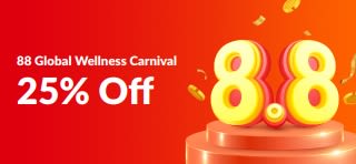 88 Global Wellness Carnival sale banner: 25% off. Features a 3D 8.8 on a podium.