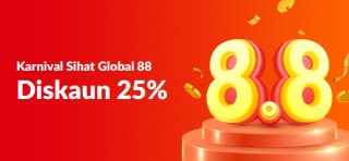 Sepanduk jualan Karnival Sihat Global 88: diskaun 25%. Menampilkan 8.8 3D di atas podium.