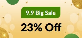 9.9 Big Sale banner: 23% Off with code 99SALE26. Festive gold and green background.