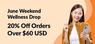 Excited woman reading about iHerb's June wellness deal: 20% off orders over $60 with code JUN25SW