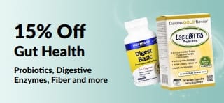 Promotional banner offering 15% off gut health products, featuring supplements.