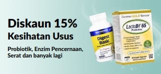 Sepanduk promosi menawarkan diskaun 15% produk kesihatan usus, menampilkan suplemen.