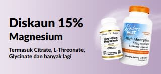 Sepanduk promosi menawarkan diskaun 15% suplemen magnesium.
