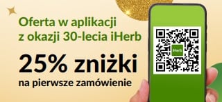 Oferta z okazji 30-lecia iHerb. 25% zniżki na pierwsze zamówienie w aplikacji z kodem MYAPP25.
